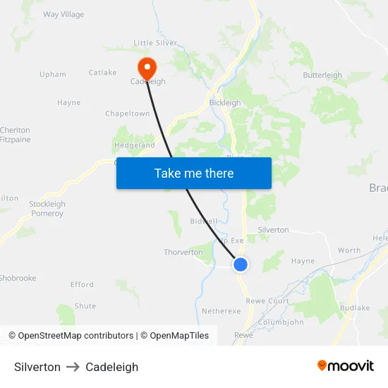 Silverton to Cadeleigh map