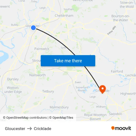 Gloucester to Cricklade map