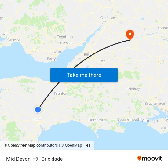 Mid Devon to Cricklade map