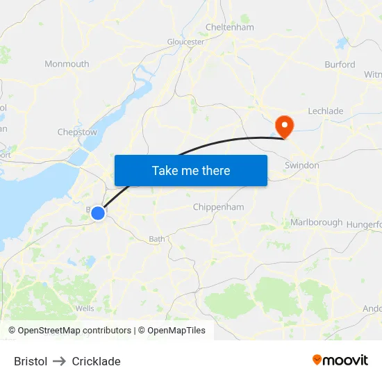 Bristol to Cricklade map