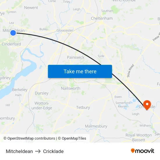 Mitcheldean to Cricklade map