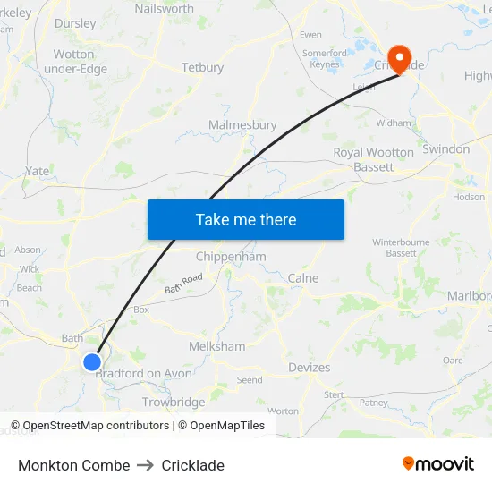 Monkton Combe to Cricklade map