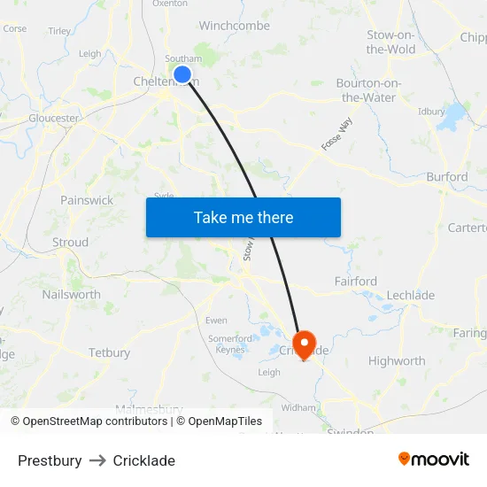 Prestbury to Cricklade map