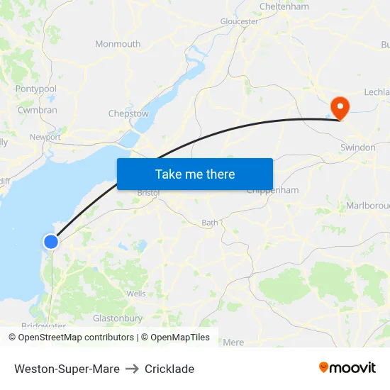 Weston-Super-Mare to Cricklade map
