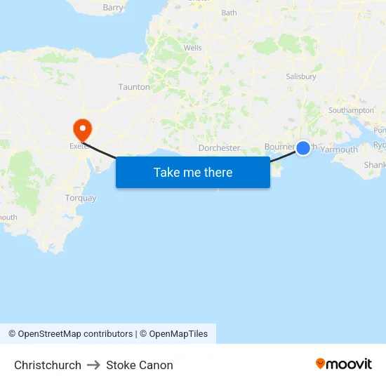 Christchurch to Stoke Canon map