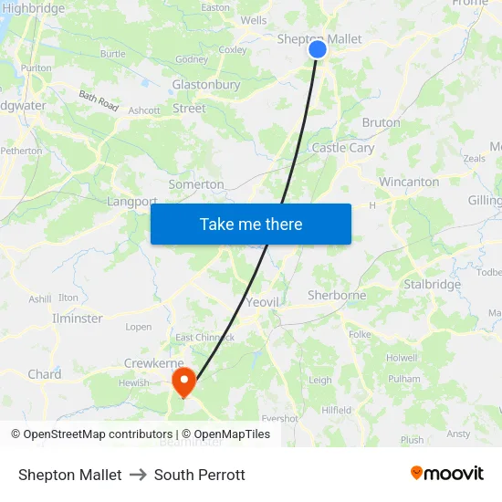 Shepton Mallet to South Perrott map