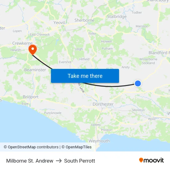 Milborne St. Andrew to South Perrott map
