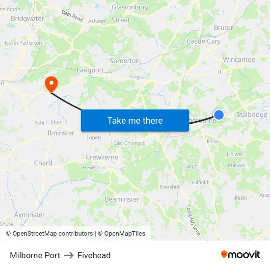Milborne Port to Fivehead map
