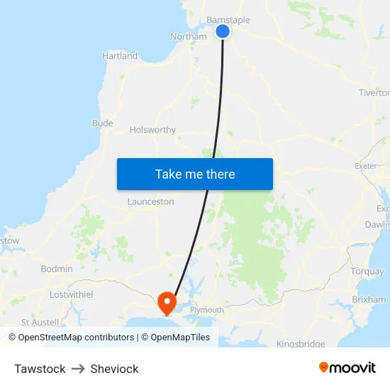 Tawstock to Sheviock map