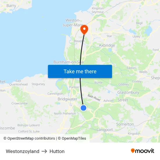 Westonzoyland to Hutton map