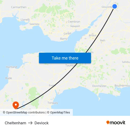 Cheltenham to Deviock map