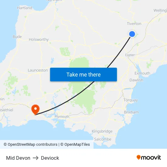 Mid Devon to Deviock map
