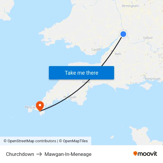 Churchdown to Mawgan-In-Meneage map