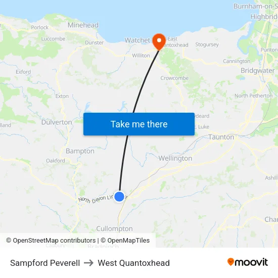 Sampford Peverell to West Quantoxhead map