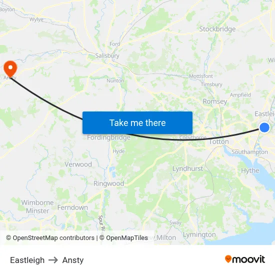 Eastleigh to Ansty map