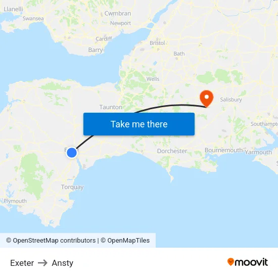 Exeter to Ansty map