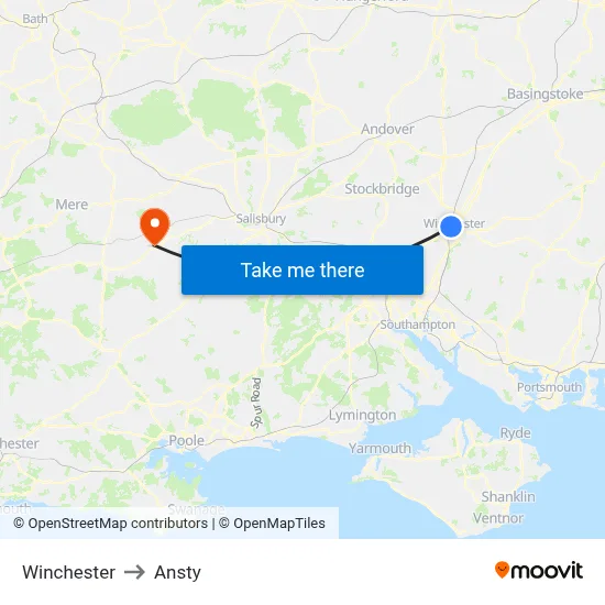 Winchester to Ansty map