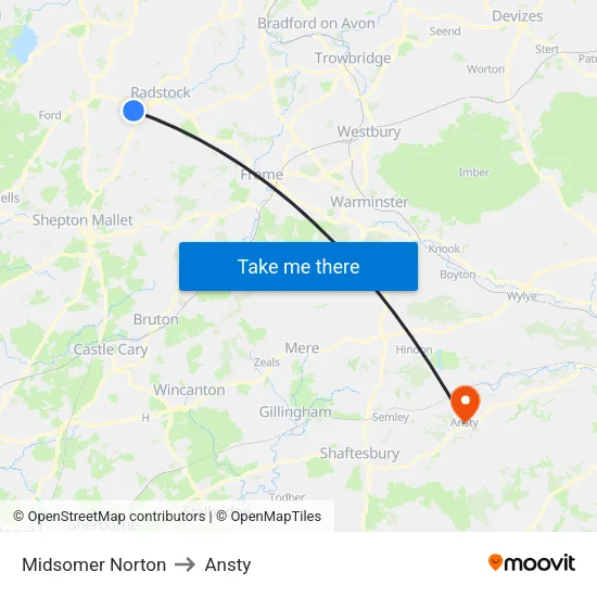 Midsomer Norton to Ansty map