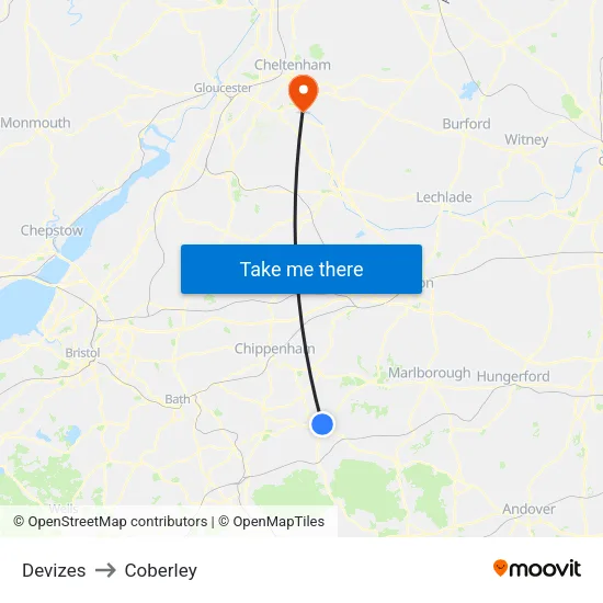 Devizes to Coberley map