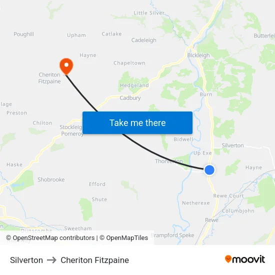 Silverton to Cheriton Fitzpaine map