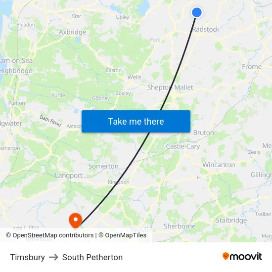 Timsbury to South Petherton map