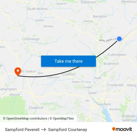 Sampford Peverell to Sampford Courtenay map