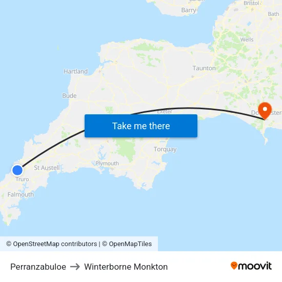 Perranzabuloe to Winterborne Monkton map
