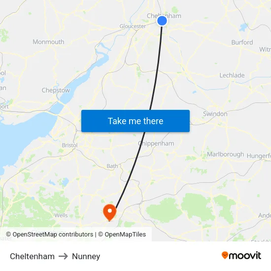 Cheltenham to Nunney map