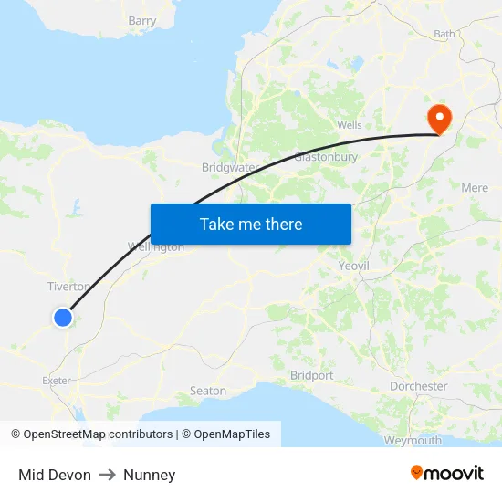 Mid Devon to Nunney map