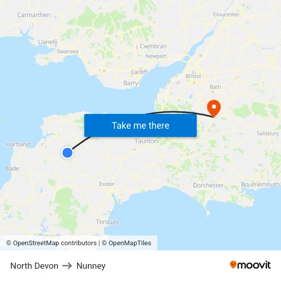 North Devon to Nunney map