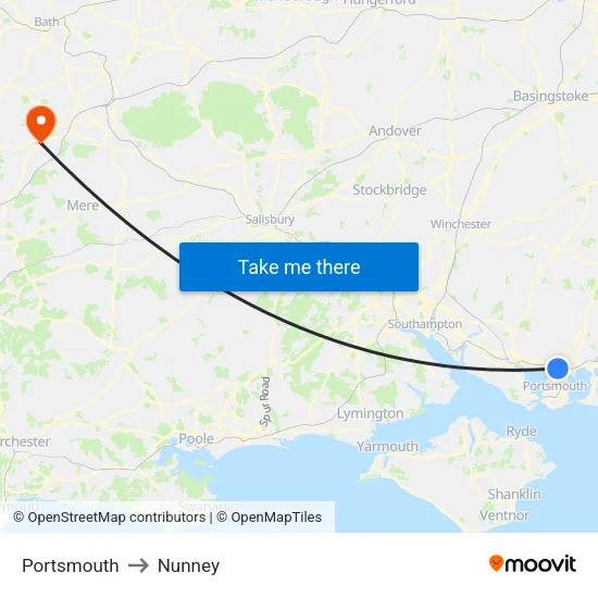 Portsmouth to Nunney map