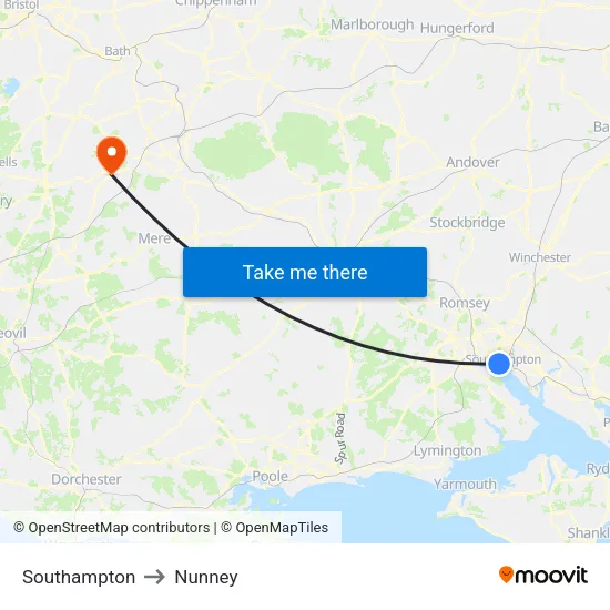 Southampton to Nunney map
