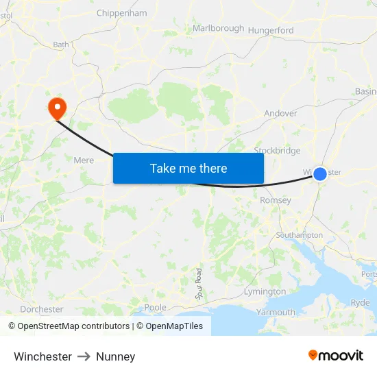 Winchester to Nunney map