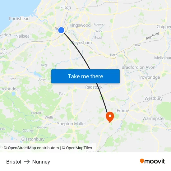Bristol to Nunney map