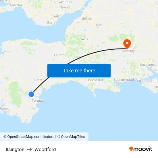 Ilsington to Woodford map