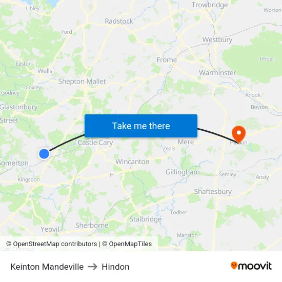 Keinton Mandeville to Hindon map
