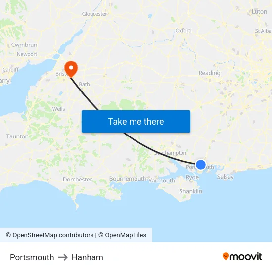 Portsmouth to Hanham map