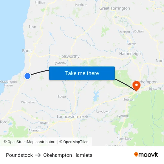 Poundstock to Okehampton Hamlets map