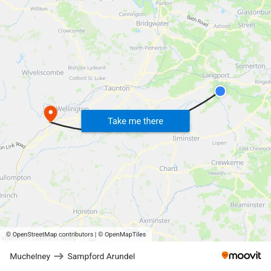Muchelney to Sampford Arundel map