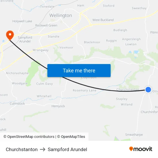 Churchstanton to Sampford Arundel map