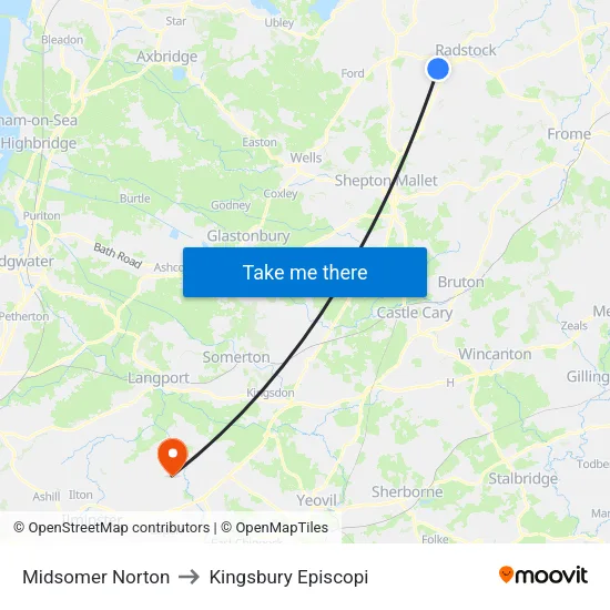 Midsomer Norton to Kingsbury Episcopi map