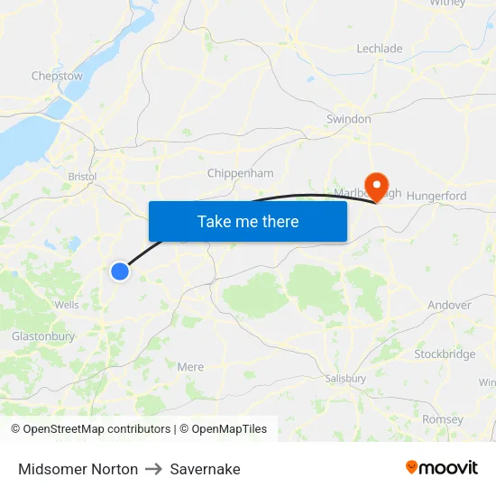 Midsomer Norton to Savernake map