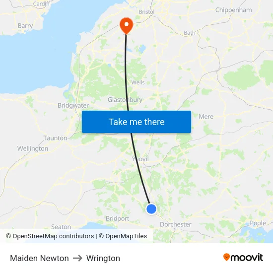 Maiden Newton to Wrington map