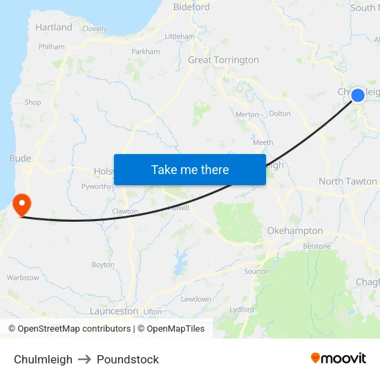 Chulmleigh to Poundstock map