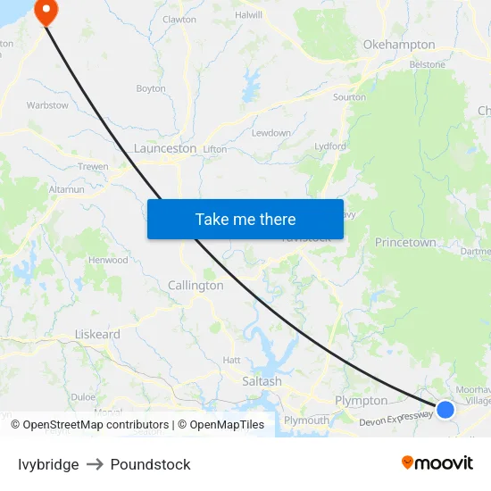 Ivybridge to Poundstock map