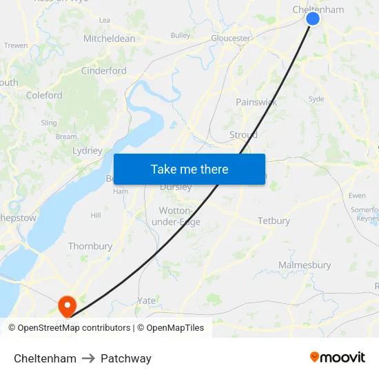 Cheltenham to Patchway map
