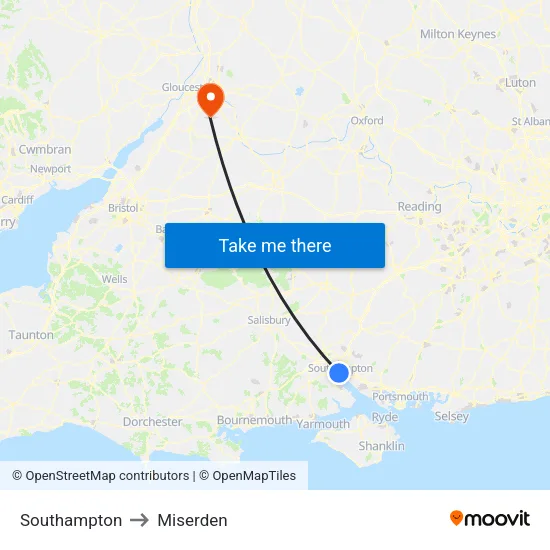 Southampton to Miserden map
