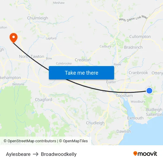 Aylesbeare to Broadwoodkelly map