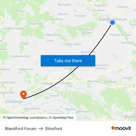 Blandford Forum to Stinsford map