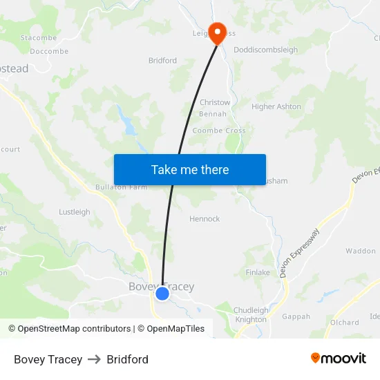 Bovey Tracey to Bridford map